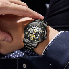 OLEVS 6670 Stainless Steel Skeleton Mechanical Watch for Men - Two-Tone White Watch | Olevs Watch Store