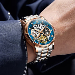 OLEVS 6670 Stainless Steel Skeleton Mechanical Watch for Men - Two-Tone White Watch | Olevs Watch Store