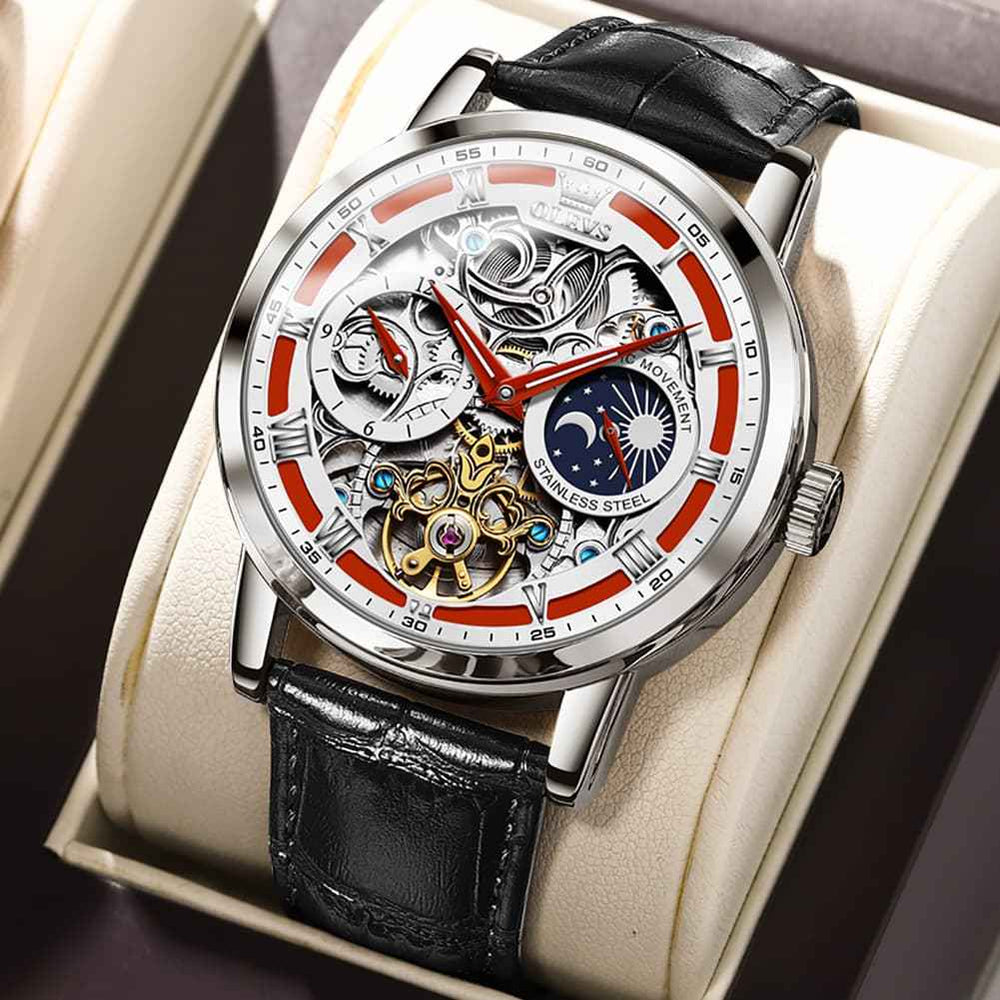OLEVS 6670P – Men's Leather Skeleton Moon Phase Watch