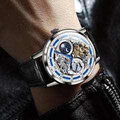 OLEVS 6670P Leather Skeleton Moon Phase Watch for Men - Rose Gold Blue Watch | Olevs Watch Store