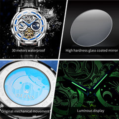 OLEVS 6670P Leather Skeleton Moon Phase Watch for Men - Rose Gold Blue Watch | Olevs Watch Store