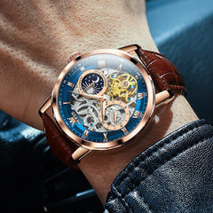 OLEVS 6670P Leather Skeleton Moon Phase Watch for Men - Rose Gold Blue Watch | Olevs Watch Store