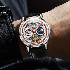 OLEVS 6670P Leather Skeleton Moon Phase Watch for Men - Rose Gold Blue Watch | Olevs Watch Store