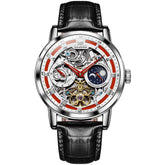 OLEVS 6670P Leather Skeleton Moon Phase Watch for Men - Silver Red Face Watch | Olevs Watch Store