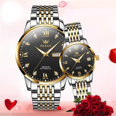 OLEVS 6673 Diamond Automatic Couple Watches Set - All Gold Watch | Olevs Watch Store