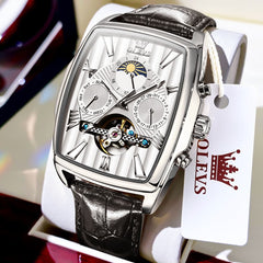 OLEVS 6675 Square Mechanical Moon Phase Watch for Men - Silver White Watch | Olevs Watch Store