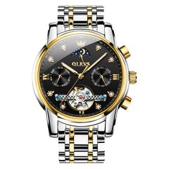 OLEVS 6678 Mechanical Moon Phase Automatic Watch for Men - Gold Black Watch | Olevs Watch Store
