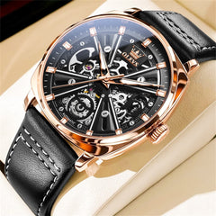 OLEVS 6685 Mechanical Skeleton Leather Watch for Men - Pitch Dark Watch | Olevs Watch Store