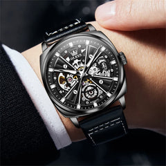 OLEVS 6685 Mechanical Skeleton Leather Watch for Men - Pitch Dark Watch | Olevs Watch Store