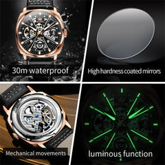 OLEVS 6685 Mechanical Skeleton Leather Watch for Men - Pitch Dark Watch | Olevs Watch Store