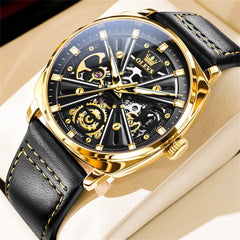 OLEVS 6685 Mechanical Skeleton Leather Watch for Men - Pitch Dark Watch | Olevs Watch Store