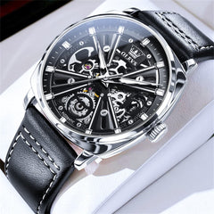 OLEVS 6685 Mechanical Skeleton Leather Watch for Men - Pitch Dark Watch | Olevs Watch Store