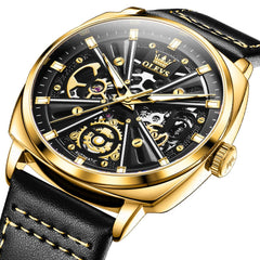 OLEVS 6685 Mechanical Skeleton Leather Watch for Men - Pitch Dark Watch | Olevs Watch Store