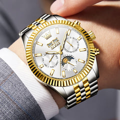 OLEVS 6688 Automatic Moon Phase Stainless Steel Watch for Men - Gold Black Watch | Olevs Watch Store