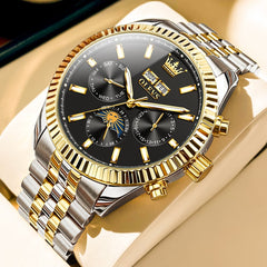 OLEVS 6688 Automatic Moon Phase Stainless Steel Watch for Men - Gold Black Watch | Olevs Watch Store