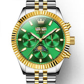 OLEVS 6688 Automatic Moon Phase Stainless Steel Watch for Men - Two Tone Green Watch | Olevs Watch Store