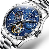 OLEVS 6689 Automatic Skeleton Starry Sky Leather Steel Watch for Men - Steel Blue Watch | Olevs Watch Store