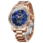 OLEVS 6695 Baguette Diamond Multifunction Mechanical Watch for Men - Rose Gold Blue Watch | Olevs Watch Store