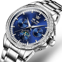 OLEVS 6695 Baguette Diamond Multifunction Mechanical Watch for Men - Silver Blue Watch | Olevs Watch Store