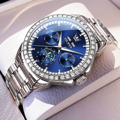 OLEVS 6695 Baguette Diamond Multifunction Mechanical Watch for Men - Silver Blue Watch | Olevs Watch Store