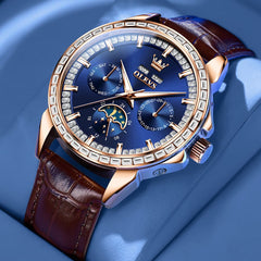 OLEVS 6695P Baguette Diamond Leather Mechanical Watch for Men - Rose Gold Blue Watch | Olevs Watch Store