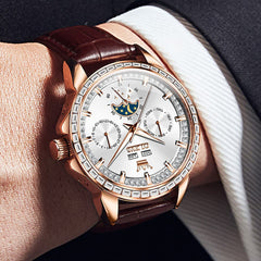 OLEVS 6695P Baguette Diamond Leather Mechanical Watch for Men - Rose Gold Blue Watch | Olevs Watch Store