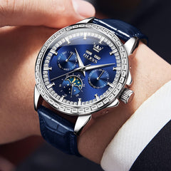 OLEVS 6695P Baguette Diamond Leather Mechanical Watch for Men - Rose Gold Blue Watch | Olevs Watch Store