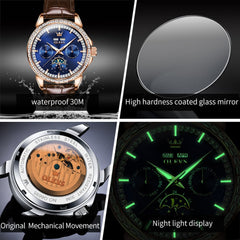 OLEVS 6695P Baguette Diamond Leather Mechanical Watch for Men - Rose Gold Blue Watch | Olevs Watch Store