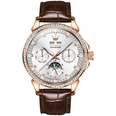 OLEVS 6695P – Men's Baguette Diamond Leather Mechanical Watch