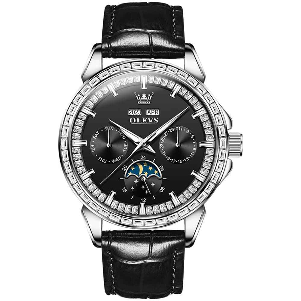 OLEVS 6695P – Men's Baguette Diamond Leather Mechanical Watch
