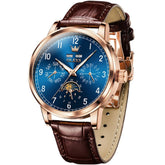 OLEVS 6698 Multifunction Moon Phase Mechanical Watch for Men - Rose Gold Blue Watch | Olevs Watch Store
