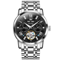 OLEVS 6701 Skeleton Automatic Mechanical Stainless Steel Watch For Men - Silver Black Watch | Olevs Watch Store