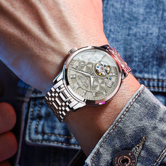OLEVS 6701 Skeleton Automatic Mechanical Stainless Steel Watch For Men - Silver White Watch | Olevs Watch Store