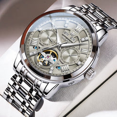 OLEVS 6701 Skeleton Automatic Mechanical Stainless Steel Watch For Men - Silver White Watch | Olevs Watch Store