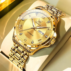 OLEVS 6702 Diamond Dial Automatic Mechanical Watch For Men - All Gold Watch | Olevs Watch Store