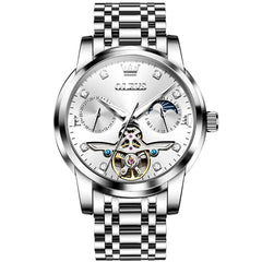 OLEVS 6703 Moon Phase Tourbillon Automatic Mechanical Watch For Men - Silver White Watch | Olevs Watch Store