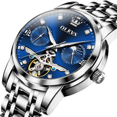 OLEVS 6703 Moon Phase Tourbillon Automatic Mechanical Watch For Men - Silver White Watch | Olevs Watch Store