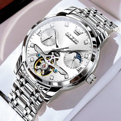 OLEVS 6703 Moon Phase Tourbillon Automatic Mechanical Watch For Men - Silver White Watch | Olevs Watch Store