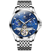 OLEVS 6705 Starry Sky Earth Tourbillon Automatic Mechanical Watch For Men - Silver Blue Watch | Olevs Watch Store