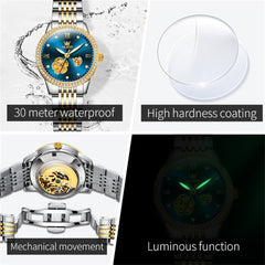 OLEVS 6706 Diamond Flower Skeleton Automatic Mechanical Watch For Women - Peacock Blue Watch | Olevs Watch Store