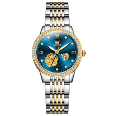 OLEVS 6706 Diamond Flower Skeleton Automatic Mechanical Watch For Women - Peacock Blue Watch | Olevs Watch Store