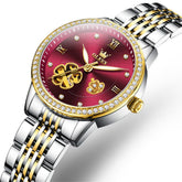 OLEVS 6706 Diamond Flower Skeleton Automatic Mechanical Watch For Women - Wine Red Watch | Olevs Watch Store