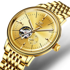 OLEVS 6708 Domed Crystal Open Heart Mechanical Watch For Men - Steel All Gold Watch | Olevs Watch Store