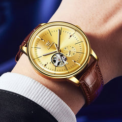 OLEVS 6708 Domed Crystal Open Heart Mechanical Watch For Men - Steel All Gold Watch | Olevs Watch Store