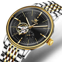OLEVS 6708 Domed Crystal Open Heart Mechanical Watch For Men - Steel Two Tone Black Watch | Olevs Watch Store