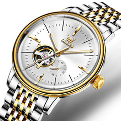OLEVS 6708 Domed Crystal Open Heart Mechanical Watch For Men - Steel Two Tone White Watch | Olevs Watch Store