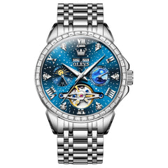 OLEVS 6712 Diamond Bezel Starry Moon Phase Calendar Mechanical Watch For Men - Silver Black Watch | Olevs Watch Store