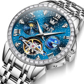 OLEVS 6712 Diamond Bezel Starry Moon Phase Calendar Mechanical Watch For Men - Silver Blue Watch | Olevs Watch Store
