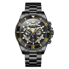 OLEVS 6715 Skeleton Multifunction Moon Phase Sports Mechanical Watch For Men - Silver Ebony Watch | Olevs Watch Store