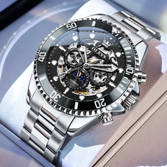 OLEVS 6715 Skeleton Multifunction Moon Phase Sports Mechanical Watch For Men - Silver Ebony Watch | Olevs Watch Store
